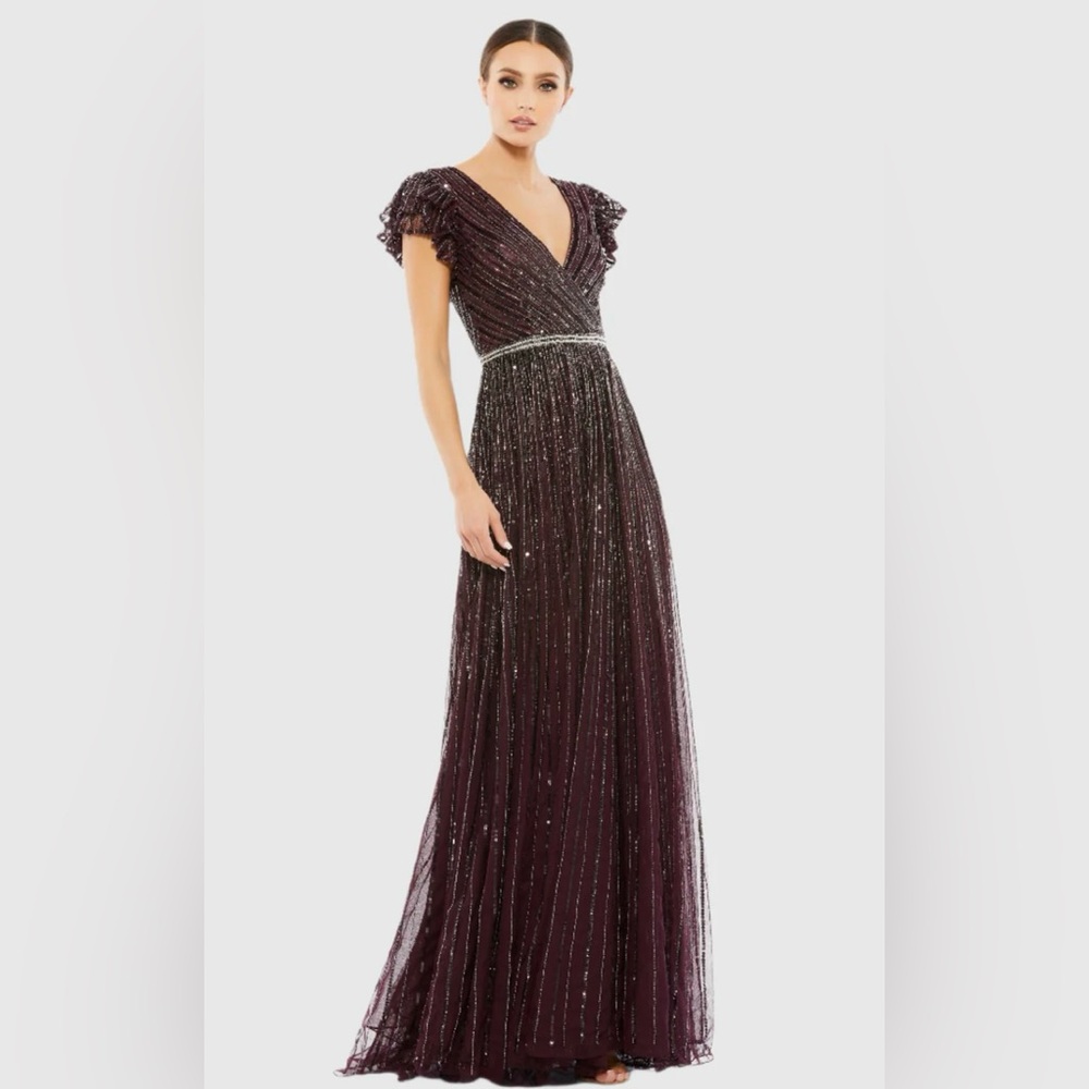 Sequined Wrap Over Ruffled Cap Sleeve Gown Size 18 Color BlackBerry